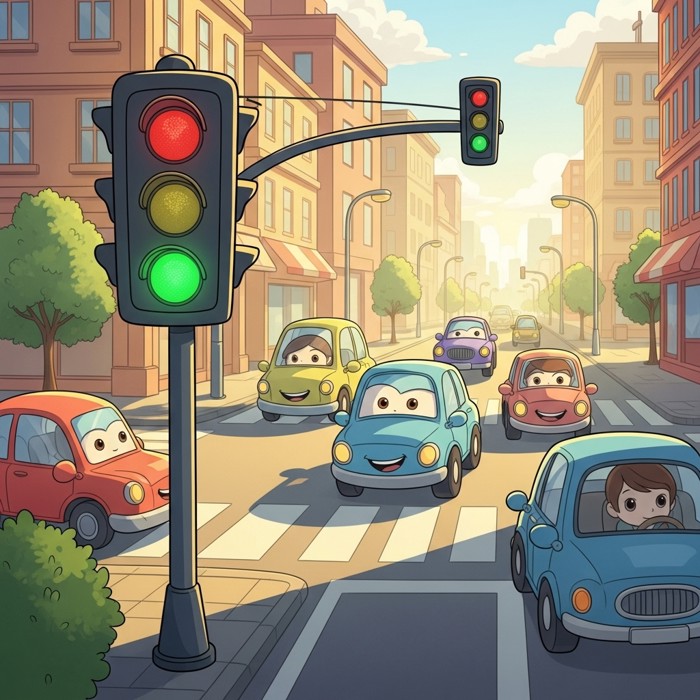 A cartoon traffic light showing green, with several smiling cars accelerating forward at an intersection on a bright city street.