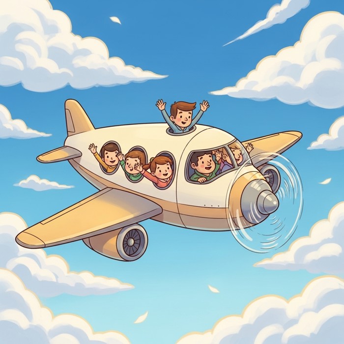A cartoon airplane soaring through a bright blue sky with fluffy white clouds, passengers waving from the round windows.