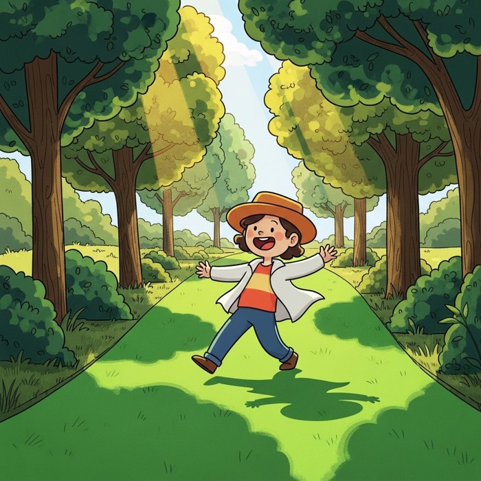 A cartoon person walking on a bright green path with a smile, arms swinging, surrounded by trees and sunshine.