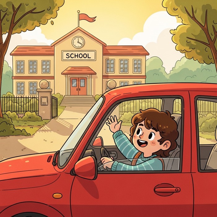 A cheerful cartoon person driving a red car toward a school building on a sunny morning, waving from the window.