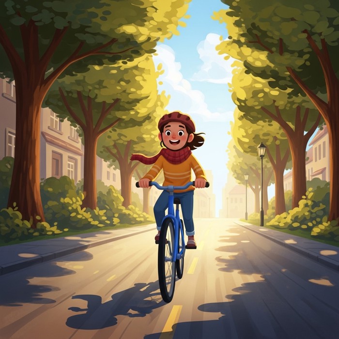 A cartoon person happily riding a blue bicycle down a tree-lined street on a bright sunny day, with a big smile.