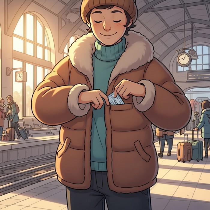 A cartoon person carefully placing a ticket into their jacket pocket, smiling, standing in a sunny train station.