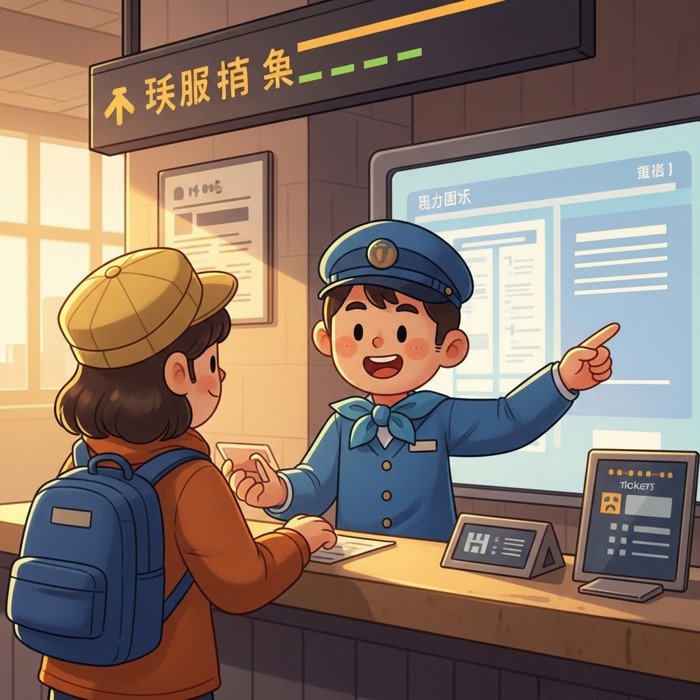 A friendly station worker in a blue uniform smiling and pointing at a large information screen, helping a traveler at a ticket counter.