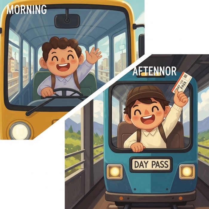 A cheerful cartoon person riding a bus in the morning, then a train in the afternoon, waving happily, showing a day-pass ticket.