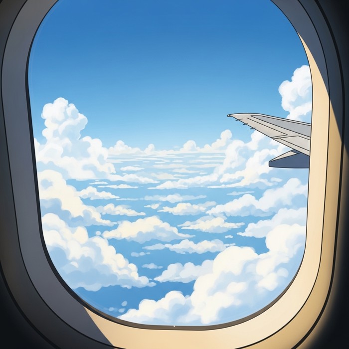 A view from an airplane window showing a bright blue sky filled with soft white fluffy clouds, a wing visible on the right.