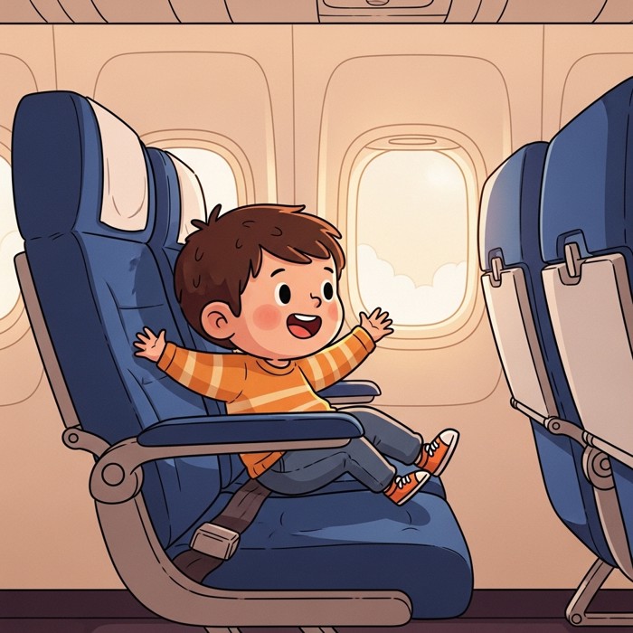 A happy cartoon child sliding into an airplane seat by the window, looking excited, the inside of a plane with blue seats visible.