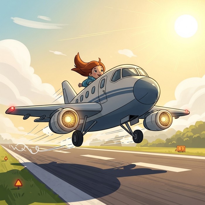 A cartoon airplane speeding down a sunny runway, motion lines behind the wheels, engines glowing, about to lift off.