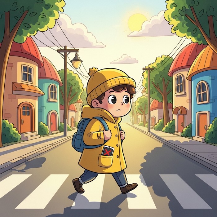 A cartoon child crossing a street and looking at the road carefully, while a phone with a big red X sits in a pocket.