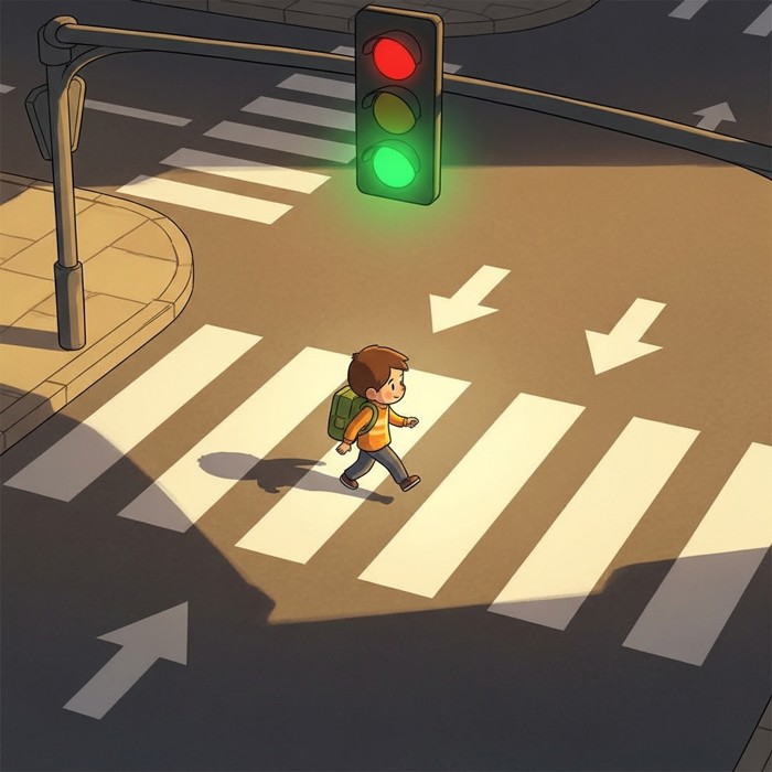 A cartoon child walking on white stripes of a crosswalk, with bold arrows pointing to the safe path and a glowing green traffic light above.