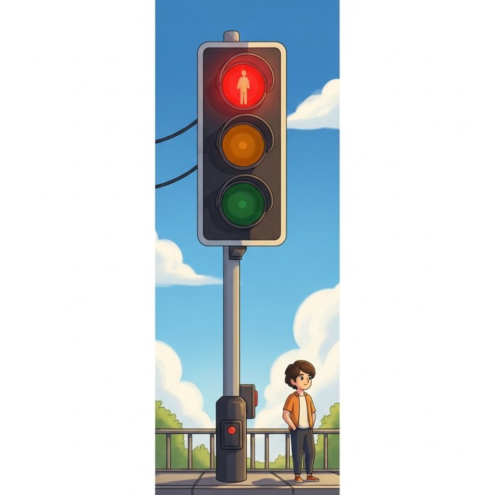 A bright red traffic light glowing against a clear blue sky, with a cartoon pedestrian standing still on the sidewalk below.