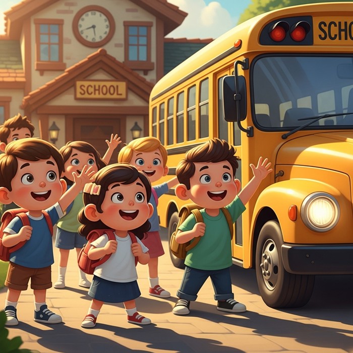 A group of happy cartoon children waving goodbye to their yellow school bus in front of a school, smiling and carrying backpacks.