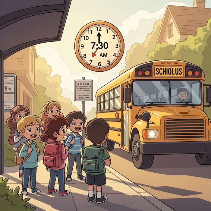 A cartoon clock showing 7:30 AM next to a yellow bus arriving at a bus stop, with children looking happy and ready.