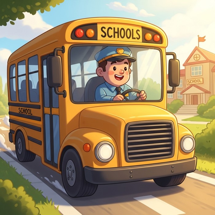A smiling cartoon bus driver in uniform sitting at the wheel, driving a yellow school bus along a bright morning road toward a school building.
