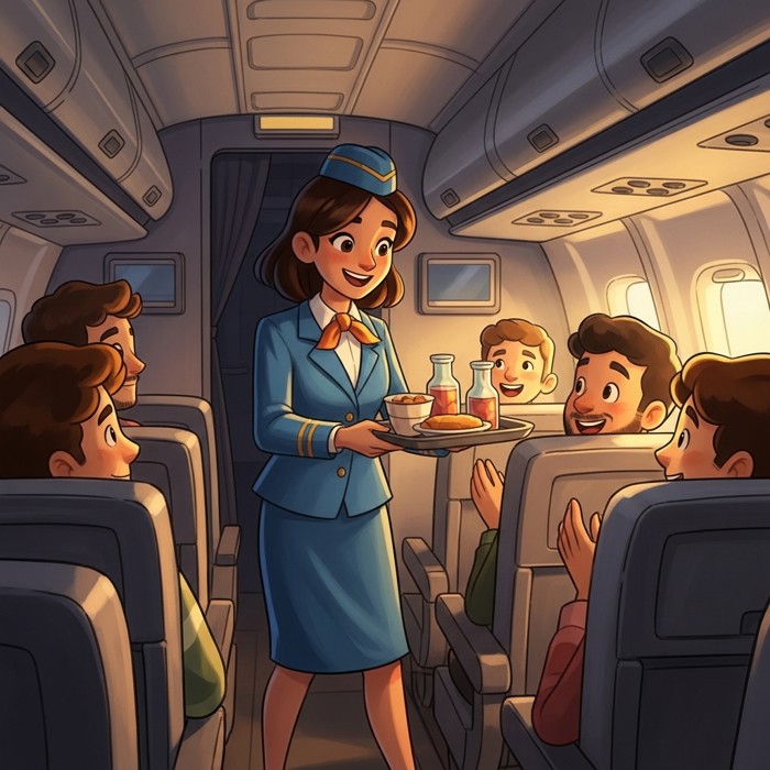 A cartoon flight attendant in a blue uniform smiling and handing a tray of food and drinks to happy passengers seated inside a plane cabin.