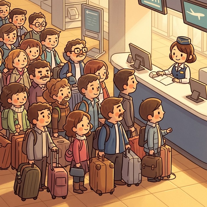 A cartoon scene of a long, orderly queue of passengers with luggage waiting at a bright check-in counter, with a smiling airline staff member behind the desk.