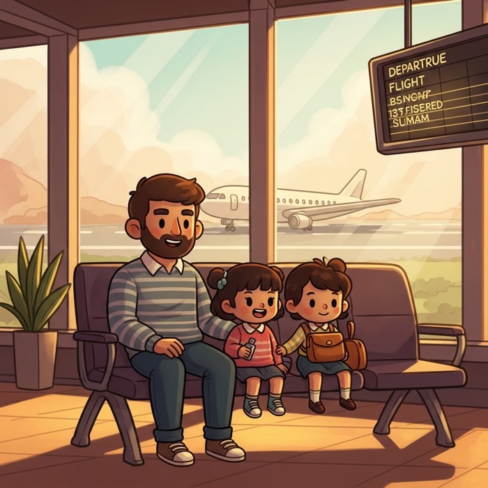 A cartoon family sitting in airport gate chairs near large windows, with a plane visible on the runway outside and a departure board showing their flight.