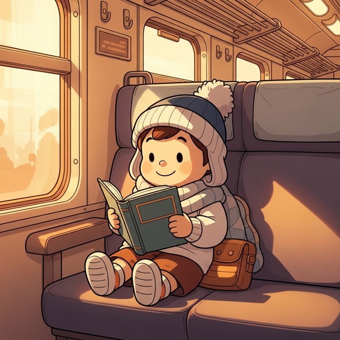 A happy cartoon passenger sitting comfortably in a train seat, reading a book, relaxed smile, warm interior light.