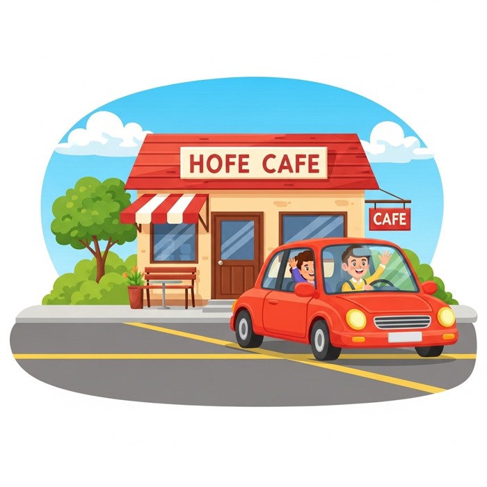 A happy cartoon driver stopping a car at a small roadside cafe, waving out the window, sunny day.