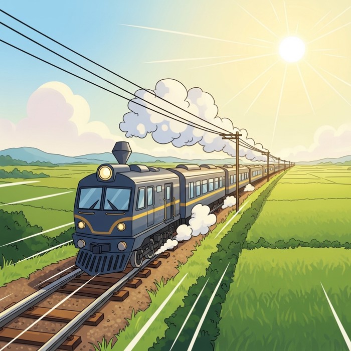 A sleek cartoon train zooming smoothly along tracks with motion lines behind it, bright sunshine and green fields.