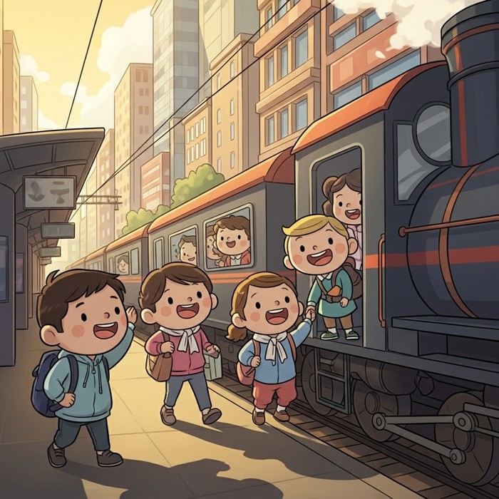 A cartoon train arriving at a new city station, passengers stepping off with big smiles and looking up at tall buildings and colorful shops.