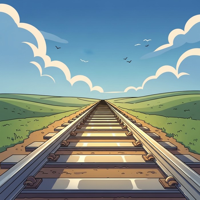 A close-up cartoon view of shiny silver train tracks stretching into the distance across flat green land under a blue sky.