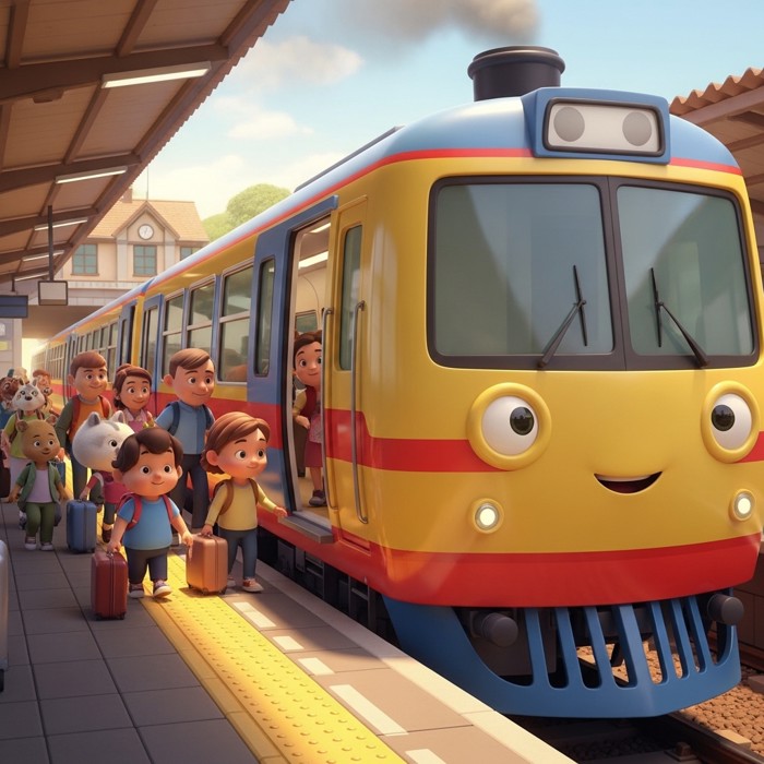 A friendly cartoon train stopped at a platform, its wide doors sliding open with a cheerful sound effect, passengers ready to board.