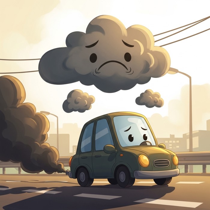 A cartoon car puffing dark grey smoke from its exhaust pipe on a busy road, with sad-looking grey clouds above.