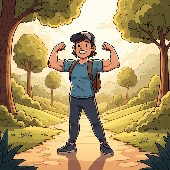 A cartoon person flexing their arms with a big smile after a morning walk, standing on a bright sunny path.