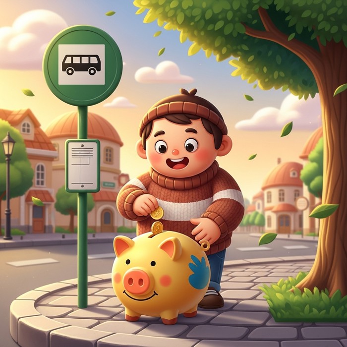 A happy cartoon person putting coins back into a piggy bank, standing next to a bus stop sign they are walking past.