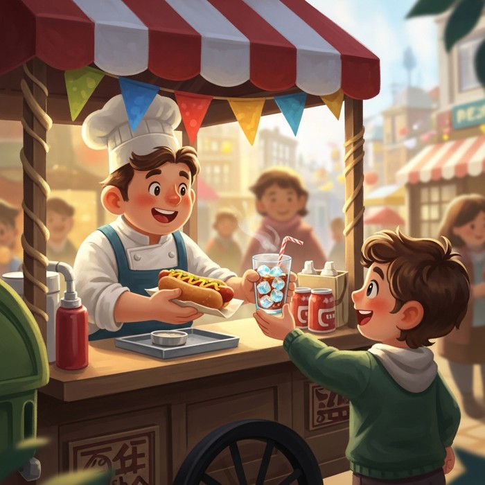 A friendly street food cart with a cheerful vendor handing a steaming hot dog and a cold drink to a smiling customer.