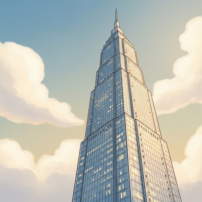 A towering glass skyscraper stretching up past fluffy clouds, tiny windows stacked in neat rows all the way to the very top.