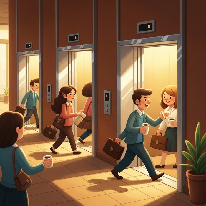 A row of shiny elevator doors opening and closing in a busy lobby, cartoon workers stepping in with briefcases and coffee cups.