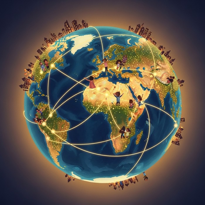 A glowing cartoon world globe with tiny lit-up cities dotted across every continent, tiny people waving and connecting with glowing lines between them.