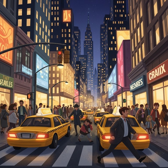 A bustling cartoon New York-style street at night, yellow taxis honking, glowing skyscrapers, and crowds hurrying past even in the late hours.