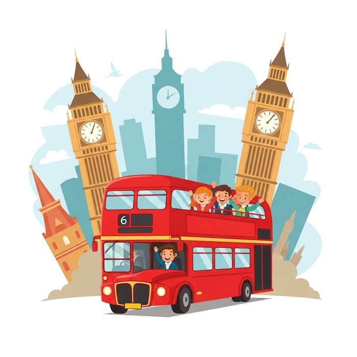 A cheerful red double-decker bus driving past iconic cartoon London landmarks, passengers waving from the top deck.