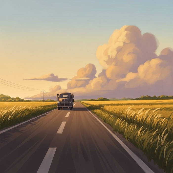 A wide, empty country lane at dusk, a single old truck driving slowly past fields of tall grass swaying gently in the breeze.