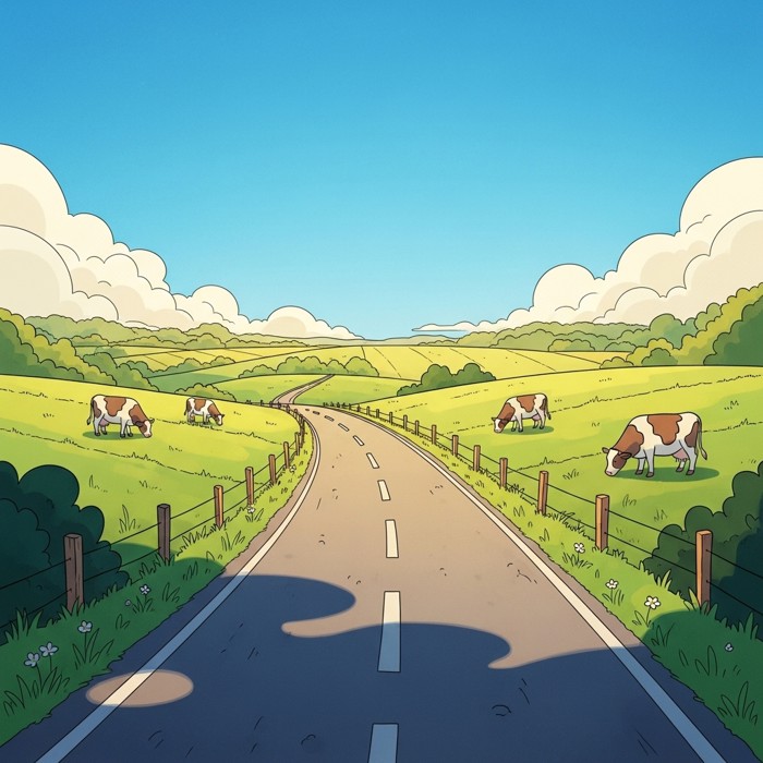 A peaceful country road winding through open green fields, a few cows grazing lazily under a wide blue sky.