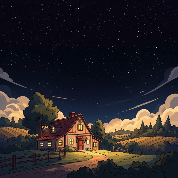 A calm countryside farmhouse under a deep dark night sky, thousands of glittering stars overhead, no city lights in sight.