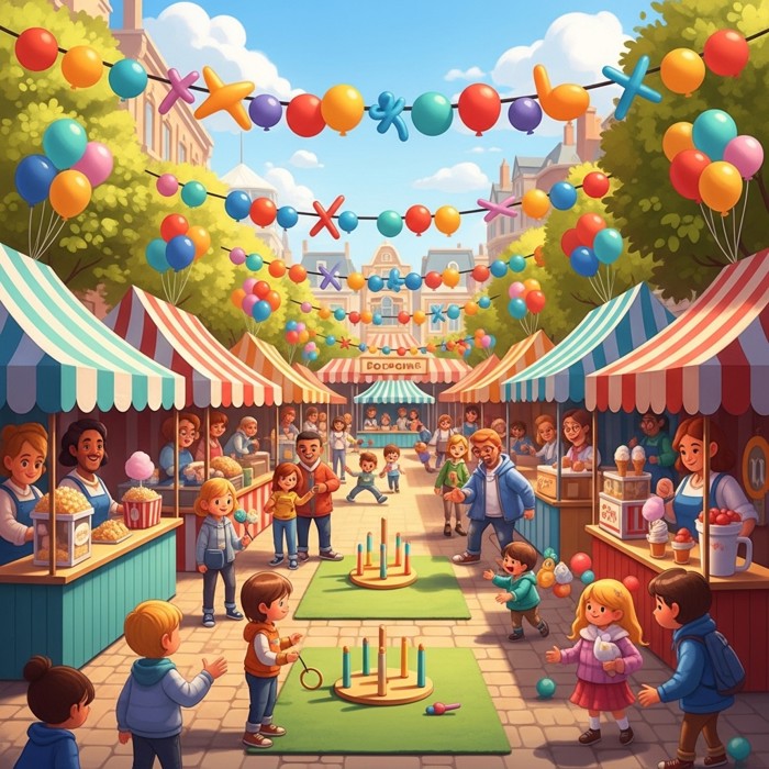 A colorful outdoor street fair with striped tents, balloons, and a cheerful crowd enjoying games and treats on a sunny afternoon.