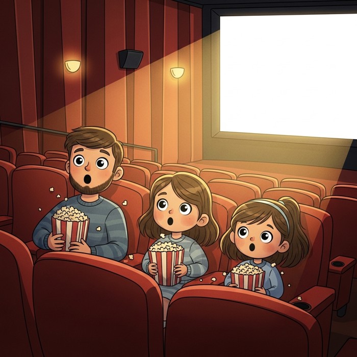 A cartoon family sitting in cozy theater seats eating popcorn, eyes wide, watching a giant glowing movie screen.