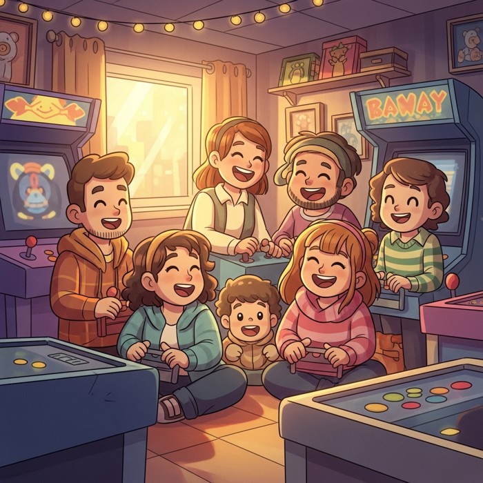 A cheerful group of cartoon friends laughing and playing arcade games together in a colorful, brightly lit game room.