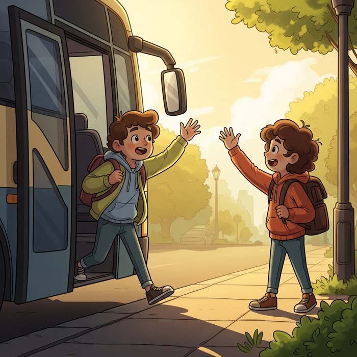 A relieved cartoon traveler stepping off a bus at their destination, waving happily at a friend waiting on the sunny sidewalk.