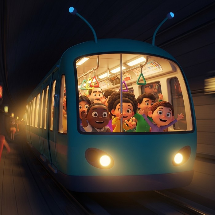 A bright underground subway train zooming through a tunnel, cartoon passengers holding on to poles inside a lit-up carriage.
