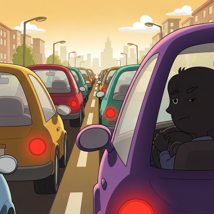 A row of cars bumper to bumper on a city street, red brake lights glowing, a frustrated cartoon driver tapping the steering wheel.
