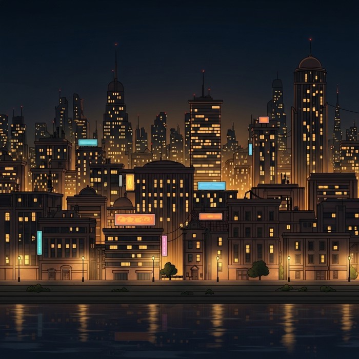 A dazzling nighttime city skyline glowing with thousands of lit windows, neon signs, and street lamps reflecting on a dark river below.