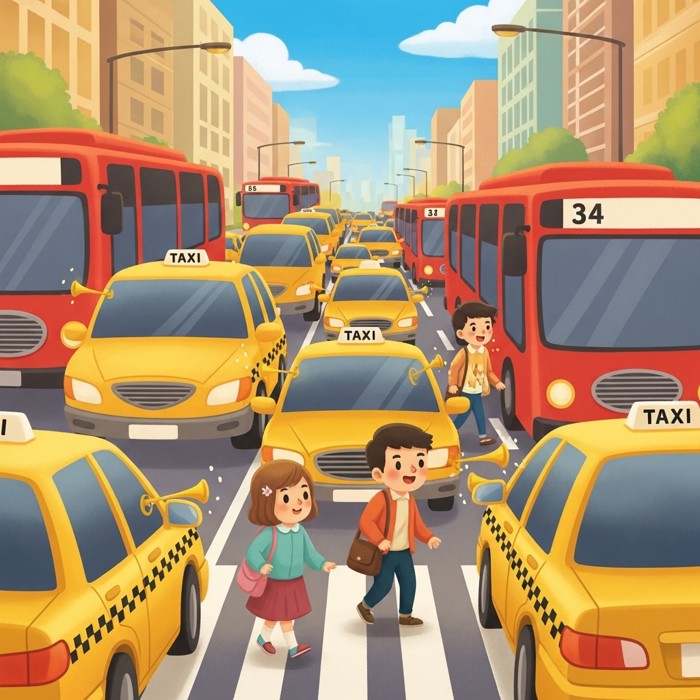 A busy city street filled with yellow taxis, red buses, and honking cars bumper to bumper, pedestrians crossing at a striped crosswalk under a bright blue sky.