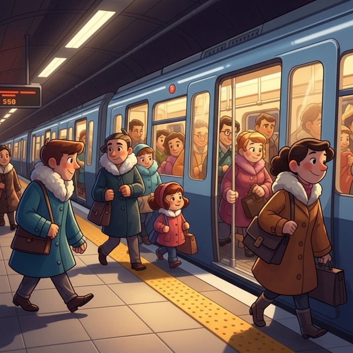 A cartoon subway train pulling into a bright underground station platform, doors opening, commuters in coats stepping on and off with bags and briefcases.