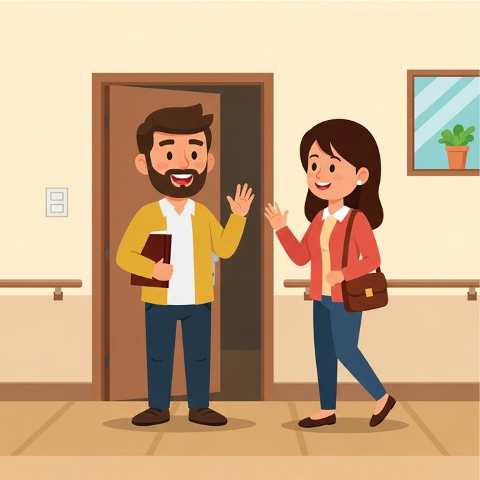 A happy cartoon resident standing at their open door, smiling and waving to a friendly neighbor walking by in a quiet, tidy hallway.