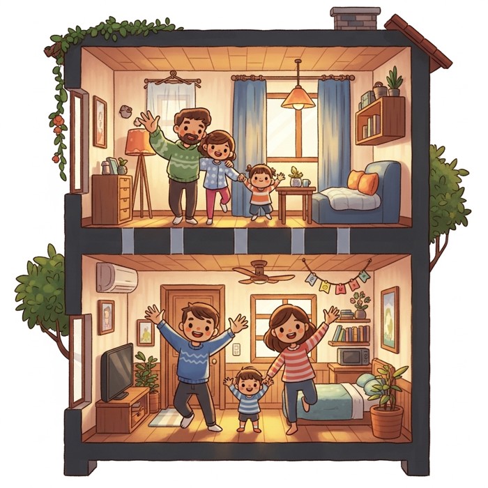 A cross-section cartoon view of a small apartment building showing one family upstairs and another downstairs, both waving through the floor and ceiling.