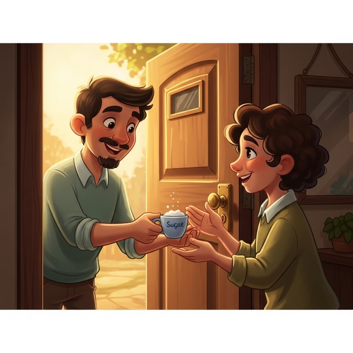 A cartoon neighbor at a doorway handing over a small cup of sugar to a smiling resident, both chatting warmly.
